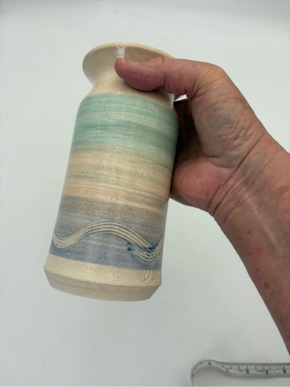 Handcrafted Vintage Signed Duffy Ceramic Vase in Pastel Blue Pink and Cream